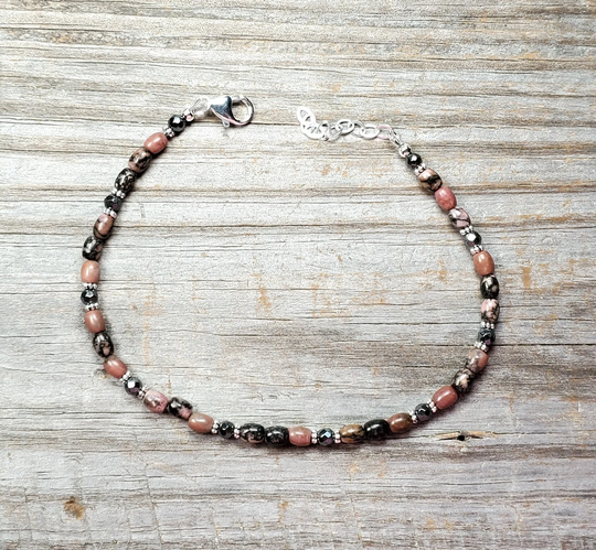 Rhodonite & Hematite Adjustable Anklet, Multiple Sizes Available
