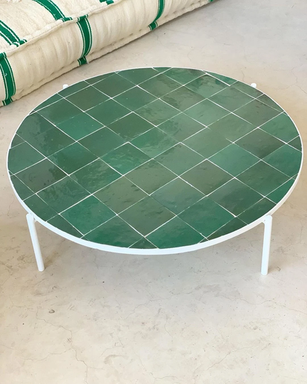 Custom Emerald Green Mosaic Table - 3 Natural Shades Zellige Low Handcrafted Mid Century Modern 8" Height