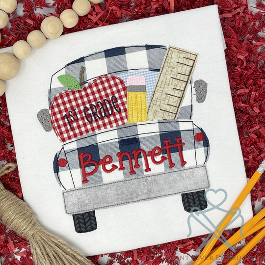 1st Grade Back To School Truck Apple Pencil Ruler Embroidered Applique Personalized Boys Shirt