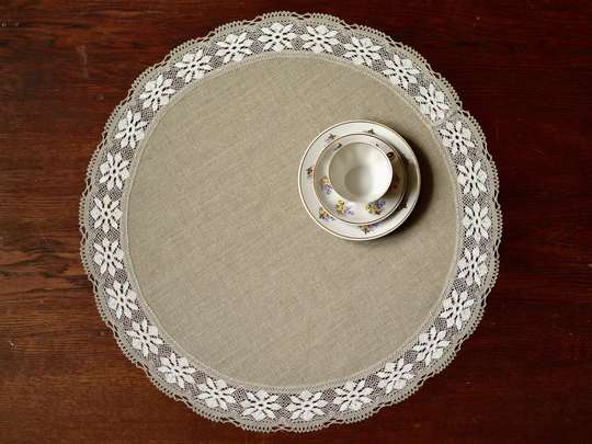 24 Inch Round Linen Table Cloth With Lace Edge Large Doily Topper Natural Gray & Off White Farmhouse Centerpiece