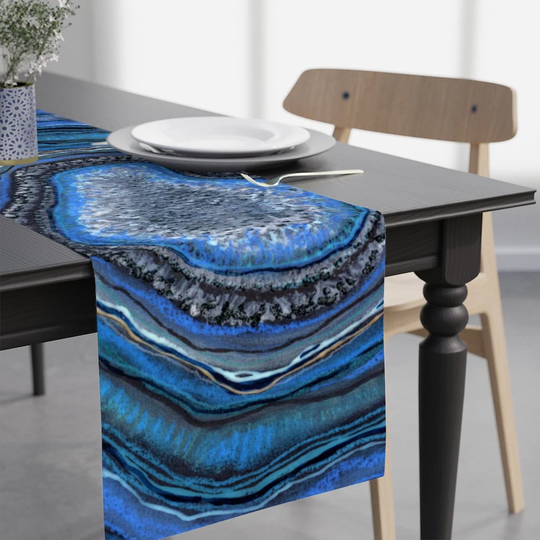 Blue Lapis Lazuli Geode Table Runner, Agate Slice Decorative Polyester Decor, Boho Kitchen Decor