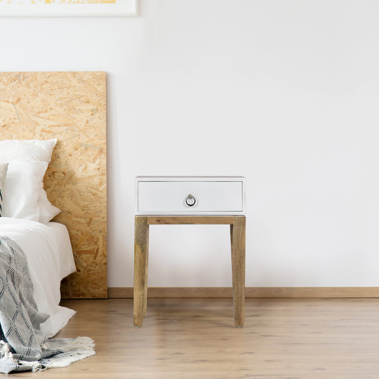 Bedside Table| With 1 Drawer| Akashia Babool Wood| White/Natural| Toothpick Legs| Solid Wood| Mango 4 Legs| 18x15x24