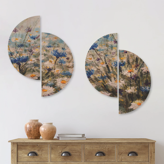 Designart 'Glade of Cornflowers and Daisies' Floral Wood Wall Art Set of 4 Half Circles - Multi-Color