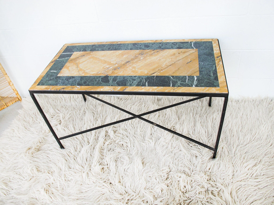 Cast Iron & Marble Coffee Table With Inlay Top in Gold Green