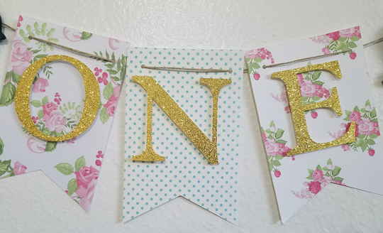 One High Chair Banner, Pink & White Pink, White, Floral, Glitter Gold