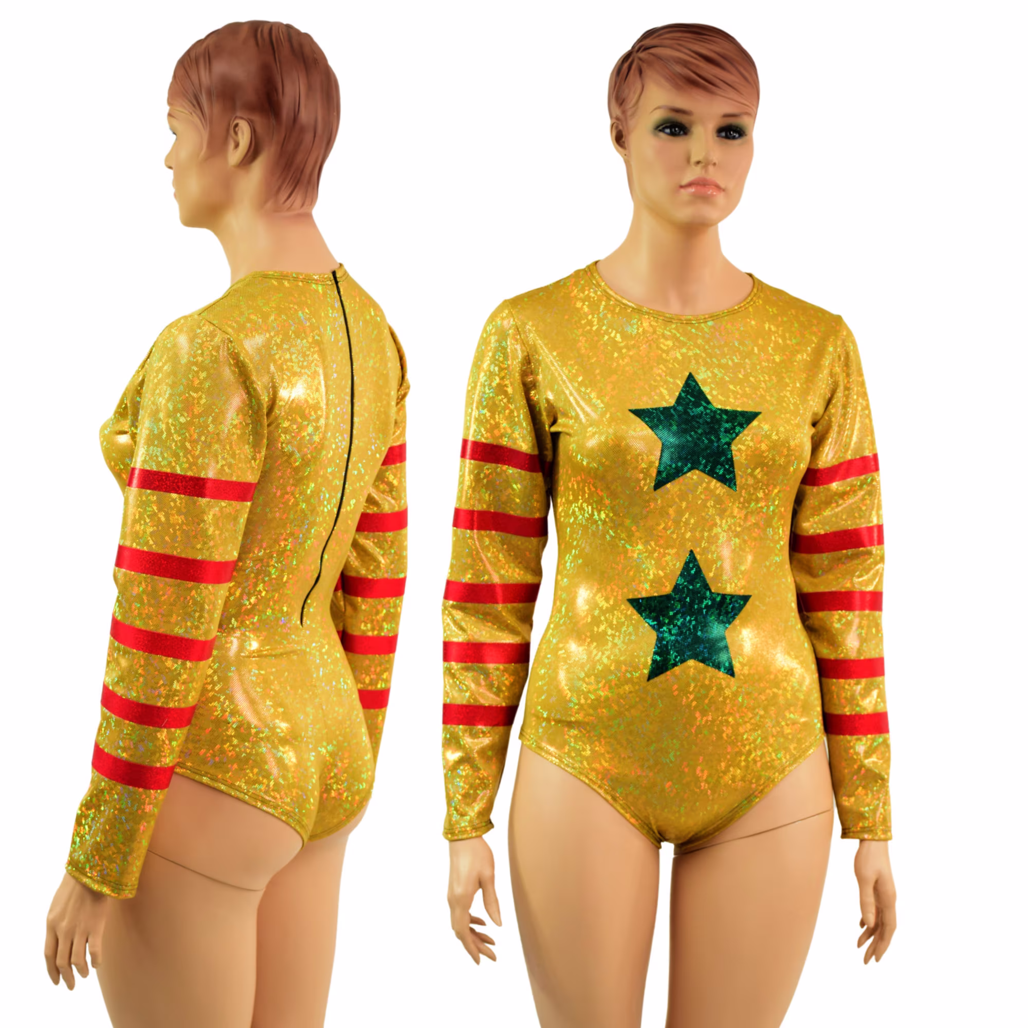 Gold, Red & Green Clown Romper With Crew Neck Siren Cut Leg. Duster Sleeves Back Zipper. Emk1579237