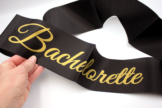 Bachelorette Party Sash - Bridal Favor For Wedding Girls Night Bash Black Bride With Gold Script