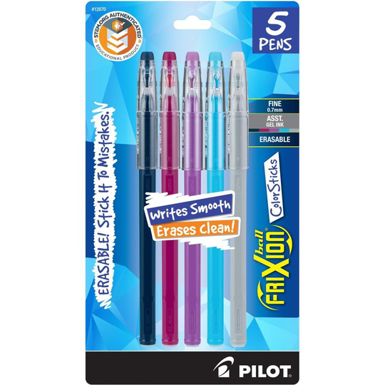 Frixion Ball Color Sticks Erasable Gel Pens - Fine 0.7mm Tip Ink Pack Of 5 in Assorted Colors