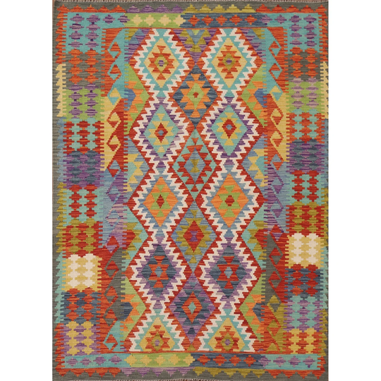 Reversible Kilim Multi-Color Oriental Rug Hand-woven Wool Carpet - 5'1"x 6'7"
