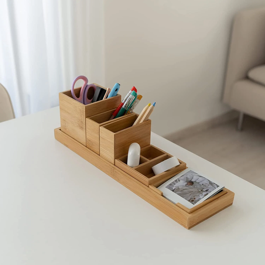 Adjustable Bamboo Desk Organizer With Pen Holder, Pencil Cup, Sticky Note Tray, Paperclip Storage, Office Accessories Caddy, Homeoffice Gift