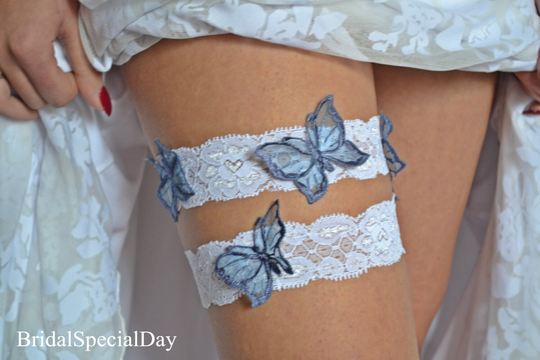 Butterfly Garter Lace Wedding Set, Keepsake White Sets Bridal Garters Navy Blue, Unique For Bride