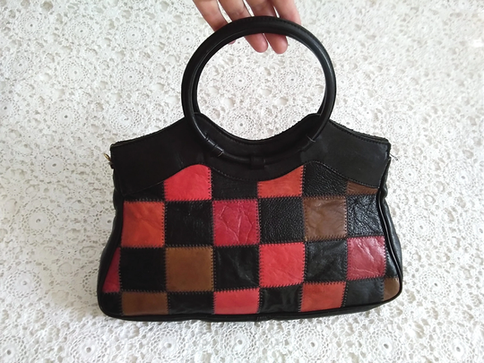 80S Patchwork Real Leather Handbag Round Handles Bag Harlequin Style Multicolor Summer Funny Medium Size Retro Purse