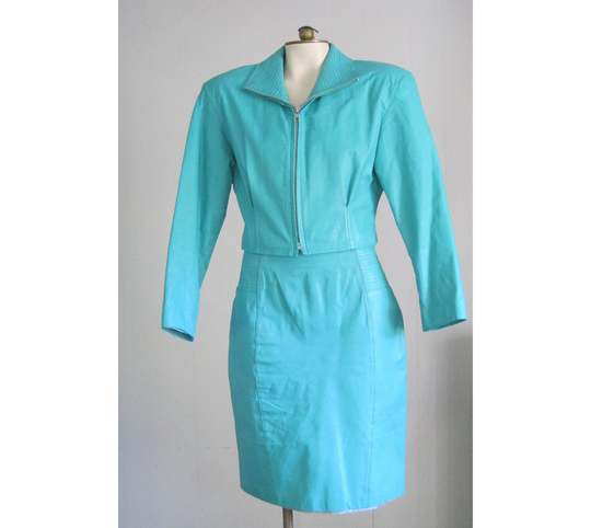 Vintage Leather Suit/1980S 90S Two Piece Cropped Jacket & Pencil Skirt Set Turquoise Yucatan Bay Power Medium Large