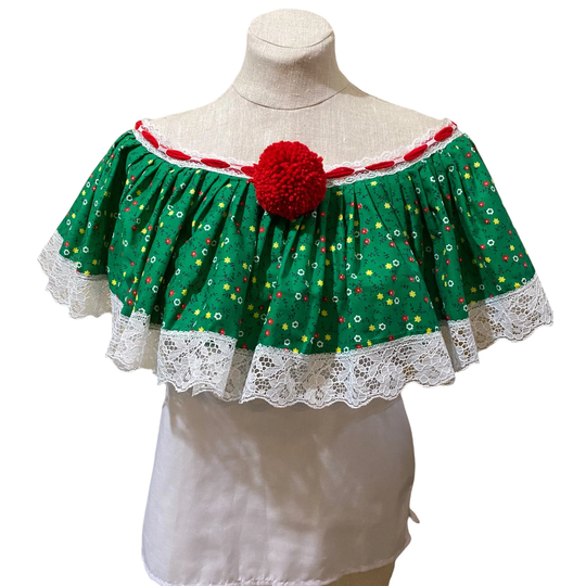 Panamanian Shirt Stylish Print - Size Medium 41"/Peasant Open Shoulder Green Blouse With Red Pompom