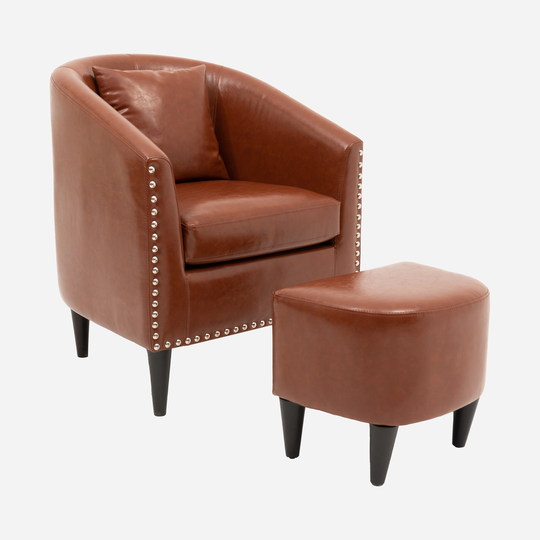 Modern Accent Chair with Ottoman Set, PU Leather Upholstered Club Round Arms Chair