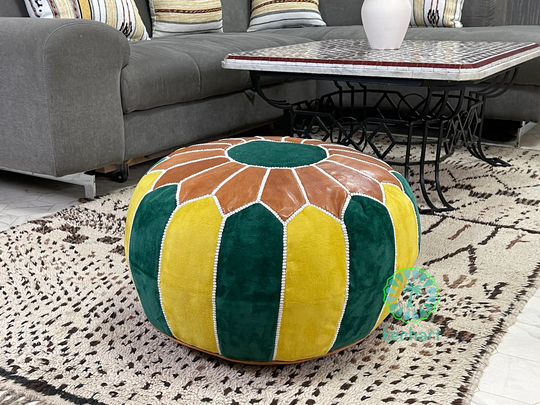 Kechart - Stylish Moroccan Pouf, Floor Ottoman, Pouf Cover, Home Decor, Genuine Leather, Tissue, Chairs & Ottomans, Seat Cushion, Footstool