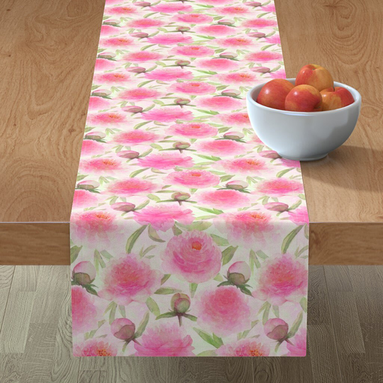 Pink Peonies Table Runner - Watercolor By Olgersart Romantic Floral Flowers Cotton Sateen Spoonflower