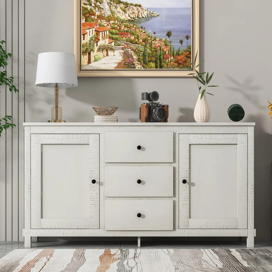 Solid Wood Buffet Sideboard, Retro Storage Cabinet Console Table with 2 Storage Cabinets, Adjustable Shelves and 3 Drawers