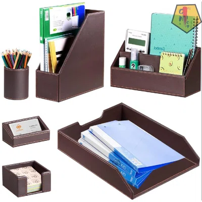 Office Desk Organizer And Workspace Accessories Storage Caddy Set, Cute Leather 6 Pieces - Pencil Cup, Business Card Holder, Sticky Note Dispenser, M