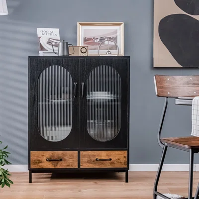 Industrial Buffet Storage Cabinet Kitchen Sideboard With Glass Doors