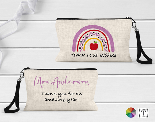 Teacher Gift, Rainbow Wristlet, Personalized Custom Clutch, Zipper Pouch, Appreciation, Linen, Pencil Clutch