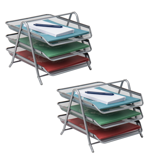 Mind Reader Network Collection, 3-Tier Paper Tray, File Storage, Desktop Organizer, Metal Mesh, Set of 2