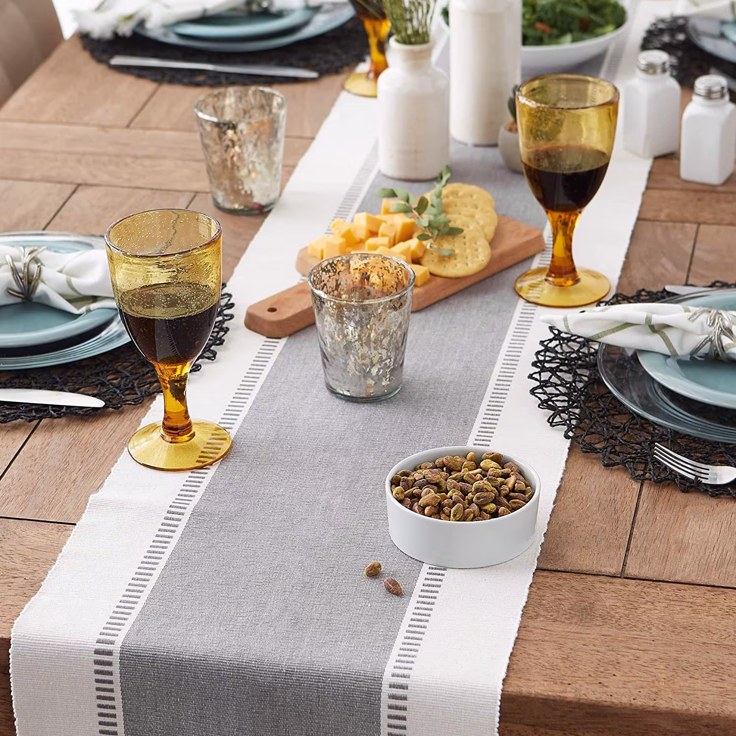 Gray Table Runner - Farmhouse Decor Modern Braided Handmade Boho Striped
