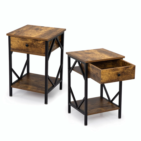Set of 2 Nightstand Industrial End Table with Drawer, Storage Shelf and Metal Frame for Living Room, Bedroom