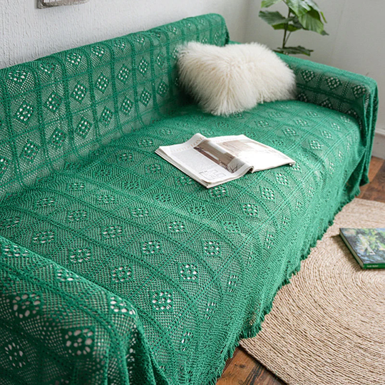 Green Crochet Cutout Sofa Cover For Living Room | French Style Lace Slipcover With Tassels Furniture Protector Farmhouse Home Decor