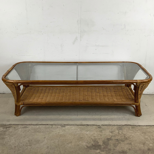 Vintage Modern Boho Coffee Table With Bamboo & Wicker