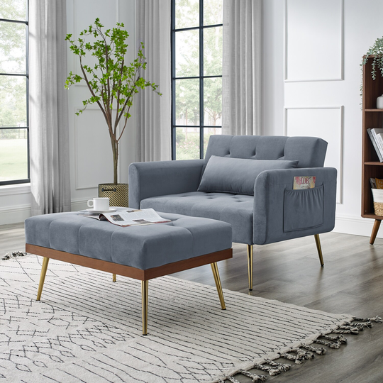 Recline Sofa Chair Velvet Upholstered Convertible Sofa Bed with Ottoman, Two Arm Pocket and Wood Frame Include 1 Pillow
