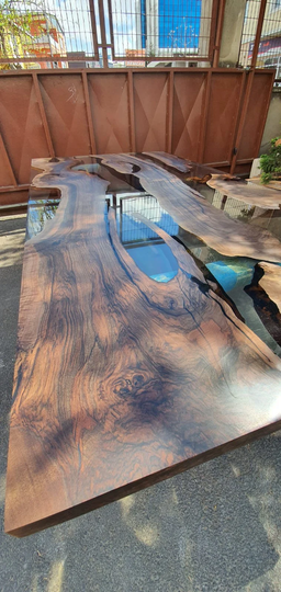 Live Edge Table, Clear Epoxy Custom 84" X 42" Walnut Smokey Gray River Resin Order For Richard