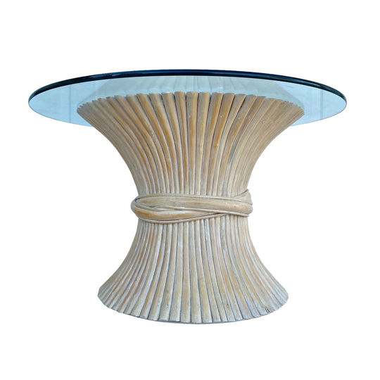 Sheaf Of Wheat Bamboo End Table With 36" Round Glass Top - Vintage Mcguire Style Rattan Pedestal Base Coastal Furniture
