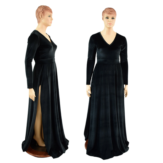Black Velvet Fiona Gown With Long Sleeves, V Neckline, & Right Side Slit | Begins 9" Below Waistband - 157850