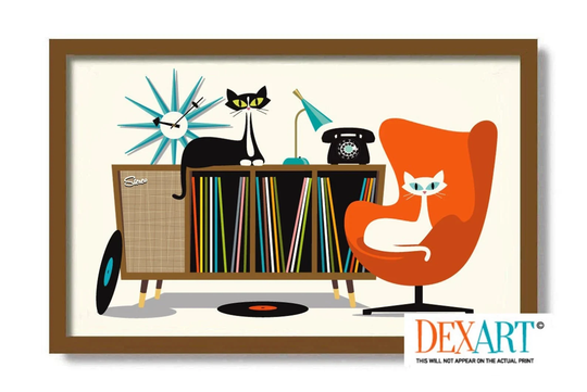 Mid Century Modern Art Print, Atomic Cat Gifts, Retro Sideboard, Tuxedo Lover Gift Vinyl Record Storage Old Player