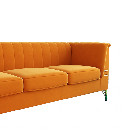 CTEX Chesterfield Velvet Tufted Back 3-Seat Sofa with Flared Arms, Wood Frame and Metal Legs