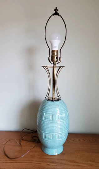 Vintage Pottery Turquoise Art Deco Table Lamp Speckled Aqua Blue Mid Century Atomic