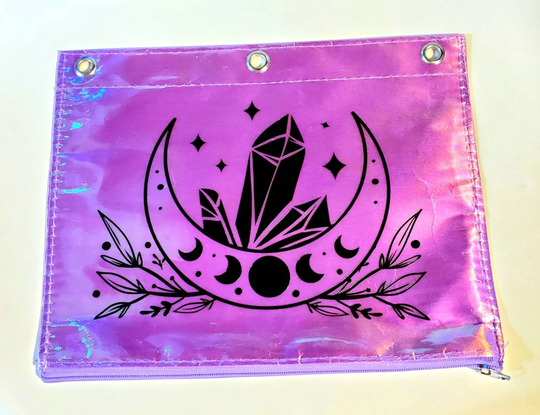 Crystals & Moons Binder Pouch - 9.9" X 7.9" Iridescent Holographic Purple Moon Phases Crystal Stars School Supplies 3-Ring Pencil Bag