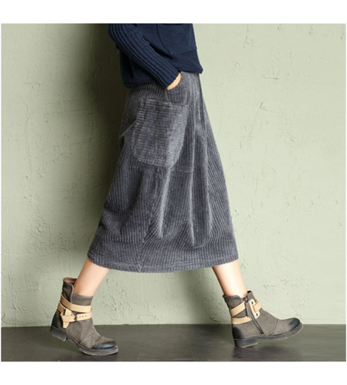 Women Vintage Corduroy Skirts Pencil With Pockets Elastic Waist
