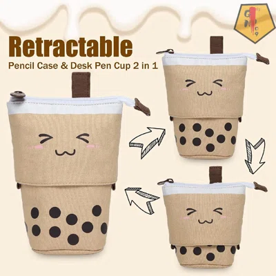 Standing Pencil Case For Girls, Boba Cat Pop Up Pencil Case Cute Telescopic Pen Pouch Holder Canvas Zip Kawaii, Kids Students Gifts 3 Packs