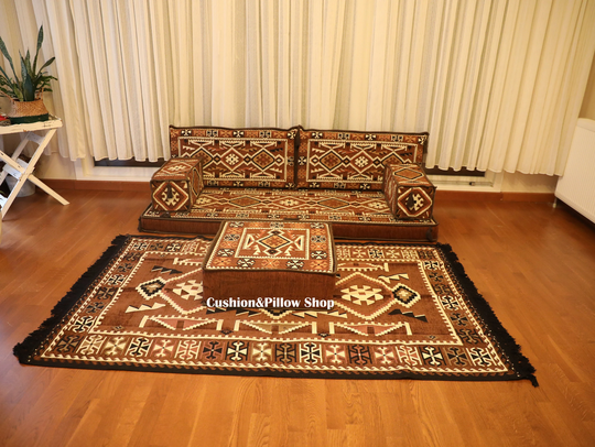 Jalsa Cushions Brown Arabic Sofa, Black Brown Majlis Bohemian Decor, Couch, Oriental Custom Order Ottoman Decor