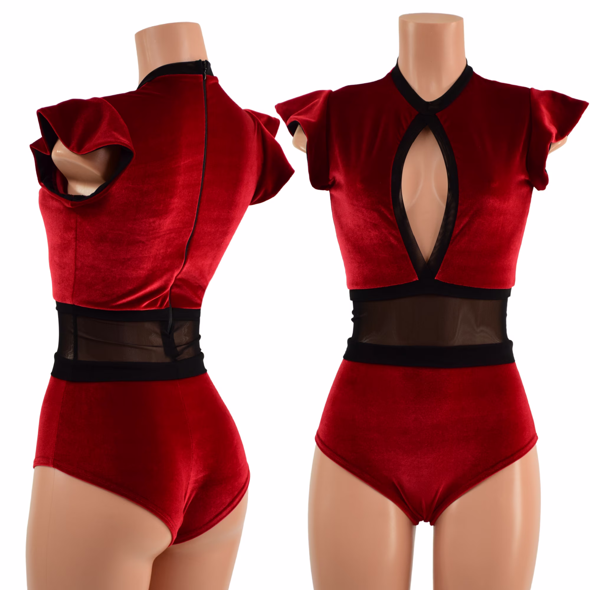 Red Velvet Siren Romper With Keyhole Neckline & Mesh Waist Panel // Flip Sleeves Back Zipper// All Trim in Black - 1579117