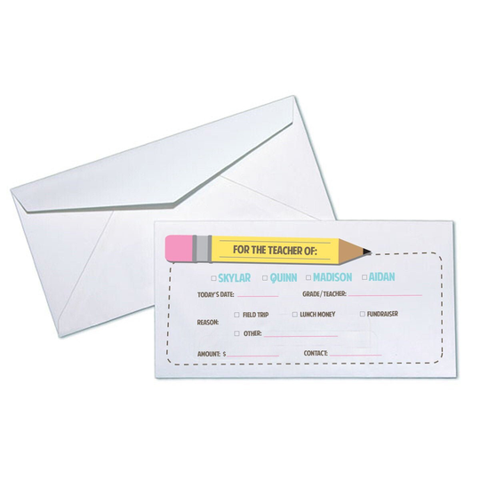 Jotted Pencil Money Envelopes Personalized | School Lunch Class Trip Cash To Teacher