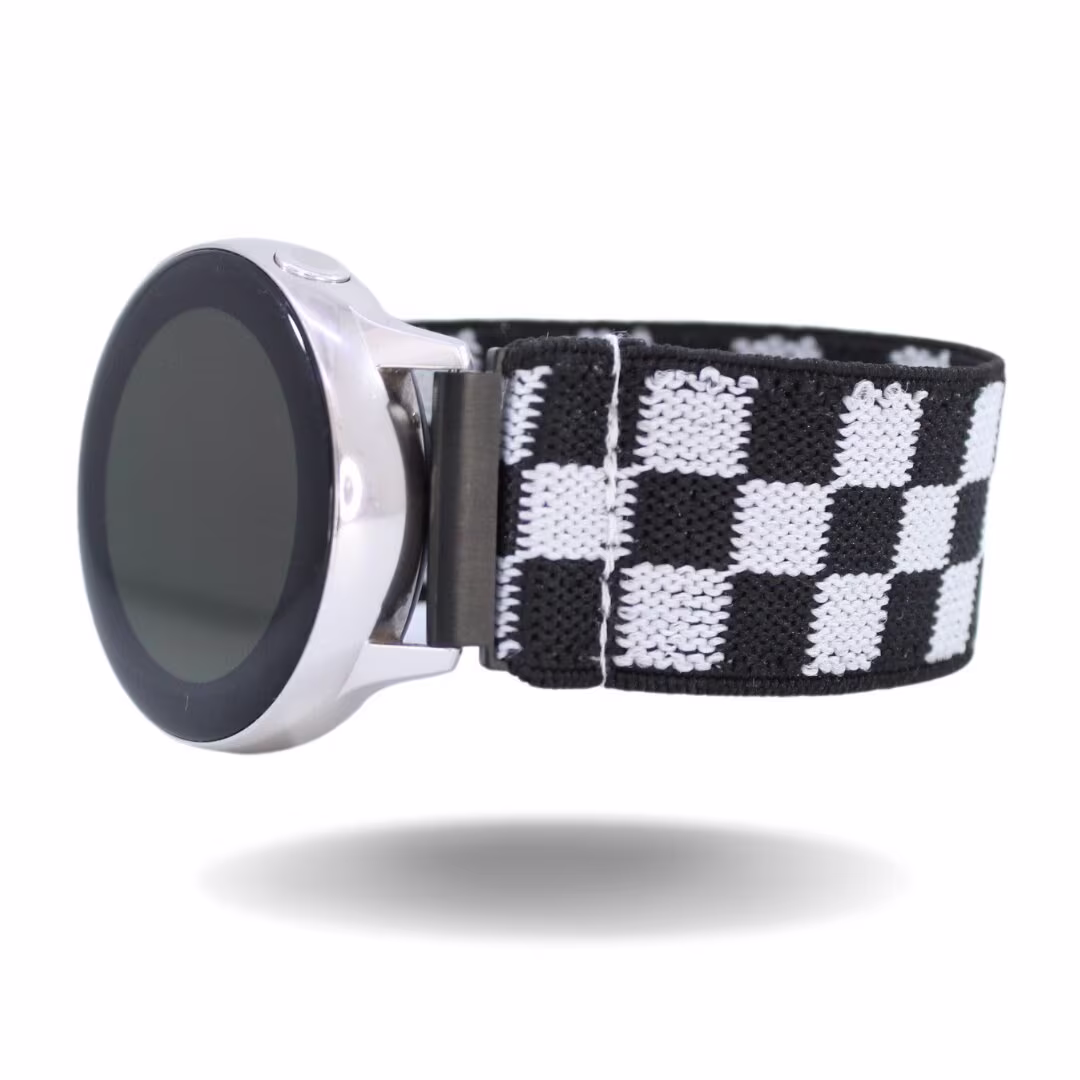 Elastic Samsung Galaxy Active 1 & 2 Watch Band - Fits 40mm & 44mm Comes With 20mm Adapters Black White Checkers Ska Punk Skater