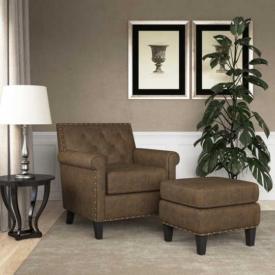 Gracewood Hollow Grantley Button Tufted Rolled Arm Chair and Ottoman