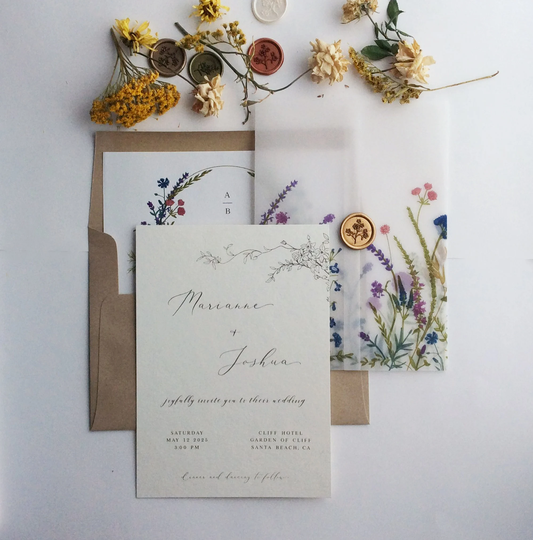 Colorful English Summer Botanical Garden Floral Vellum Wedding Invitation Suite 5Pcs Envelope Liner Includes -Sample