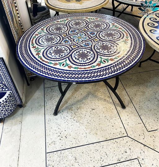 Mosaic Floral Table Round For Outdoor & Indoor 100% Handcrafted Design, Moroccan Built With Mid Century Modern Styling