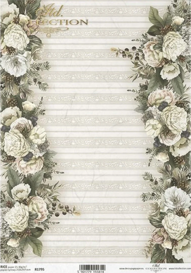 Vintage White Rose Rice Paper For Decoupage, Decorative Mulberry Tissue, Scrapbooking, Card Making, 1 A4 Sheet, R1795
