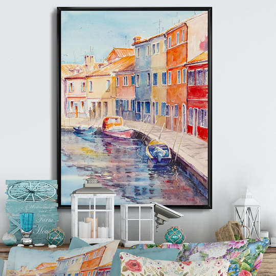 Designart 'Colorful Houses Burano Island Venetian' Traditional Framed Canvas Art Print