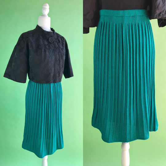 Vintage 70S Does 40S Emerald Green Ribbed Knit Skirt - Size S/M/L | Pencil Secretary Stretchy
